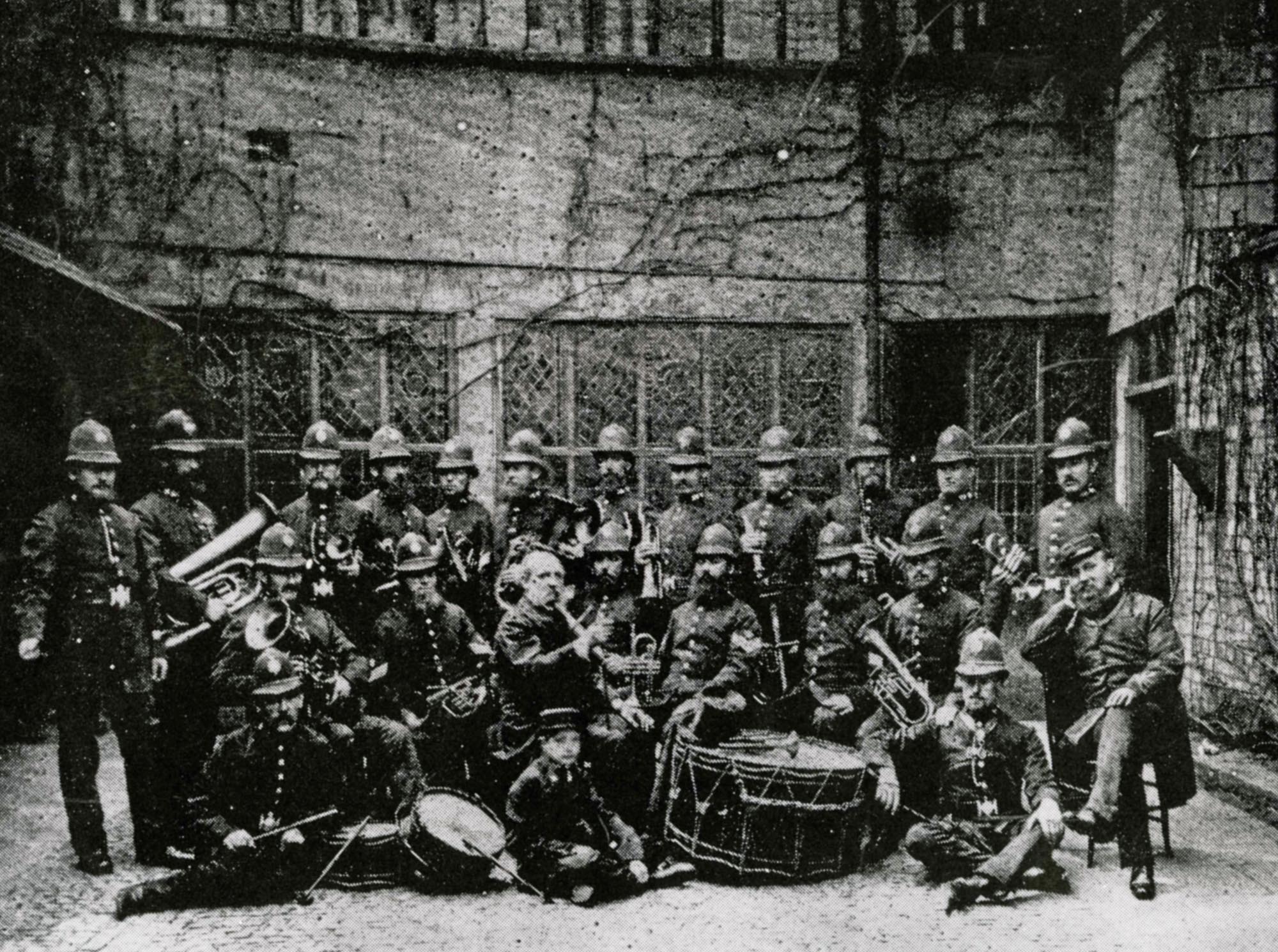 Leicester Borough Police Band, c.1865 in the courtyard of what is now Leicester Guildhall - 