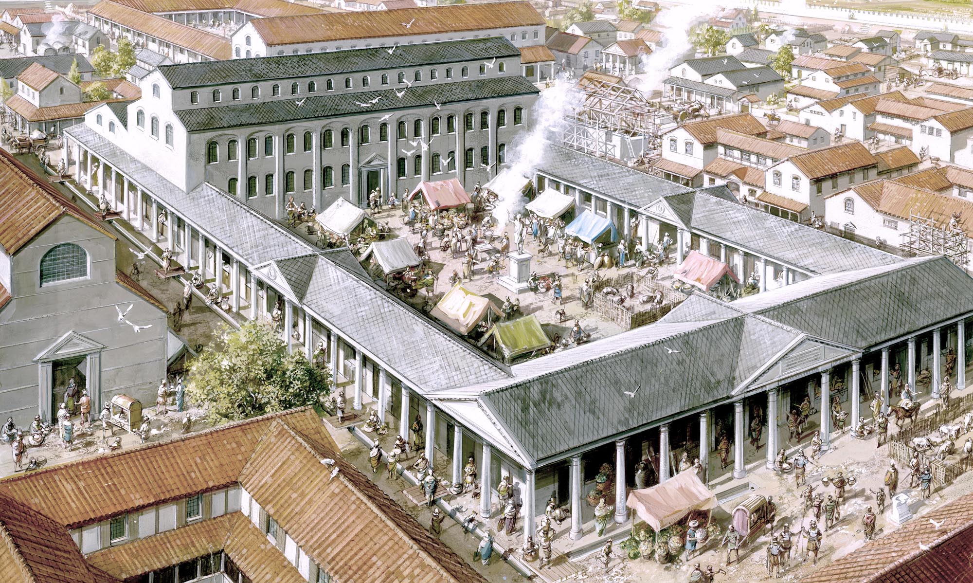 The Roman Forum and Basilica as they may have looked from the south-west during the early 3rd century CE - Leicester Arts and Museums Service / Mike Codd