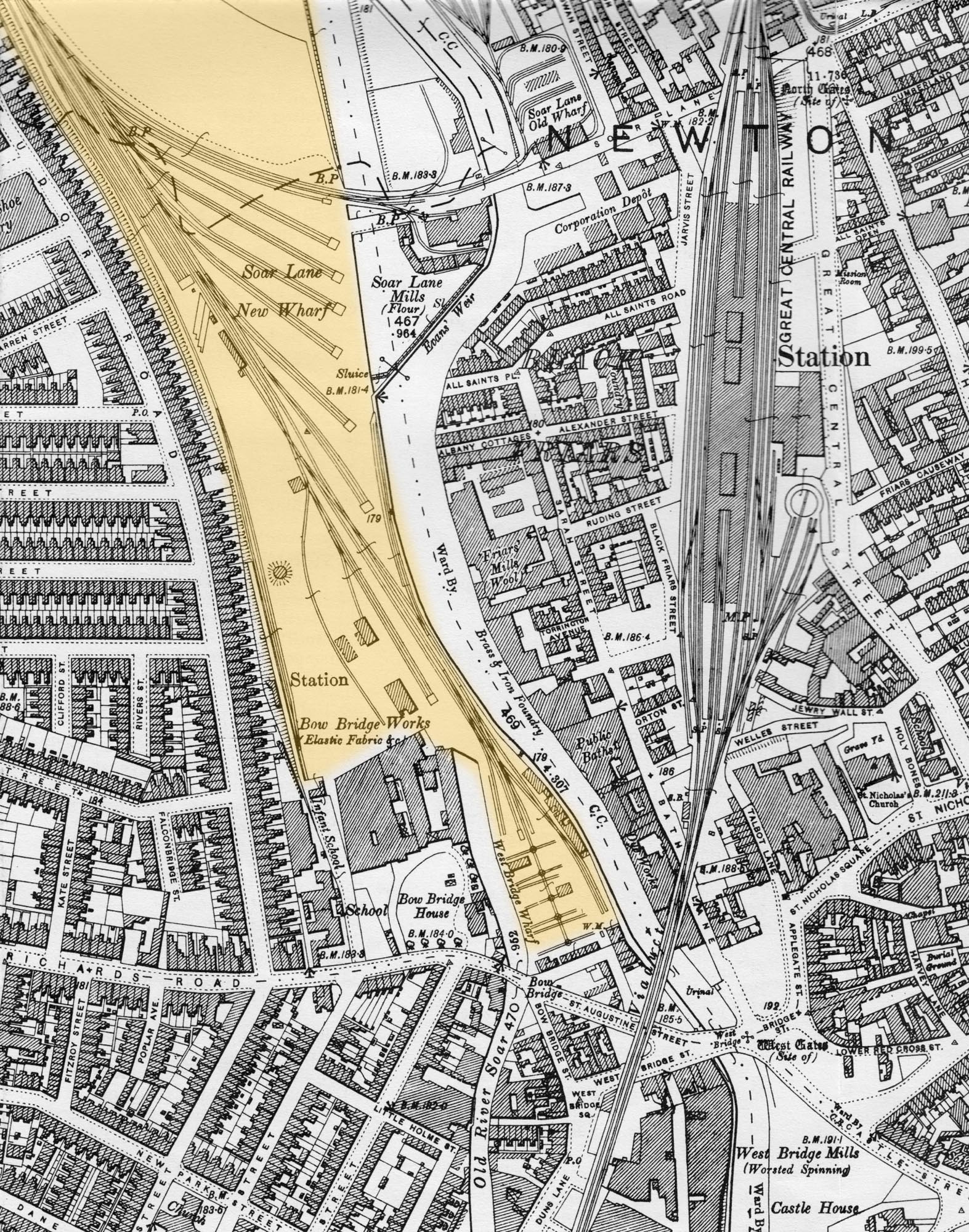 Map showing the West Bridge Station and railway sidings highlighted in yellow - 