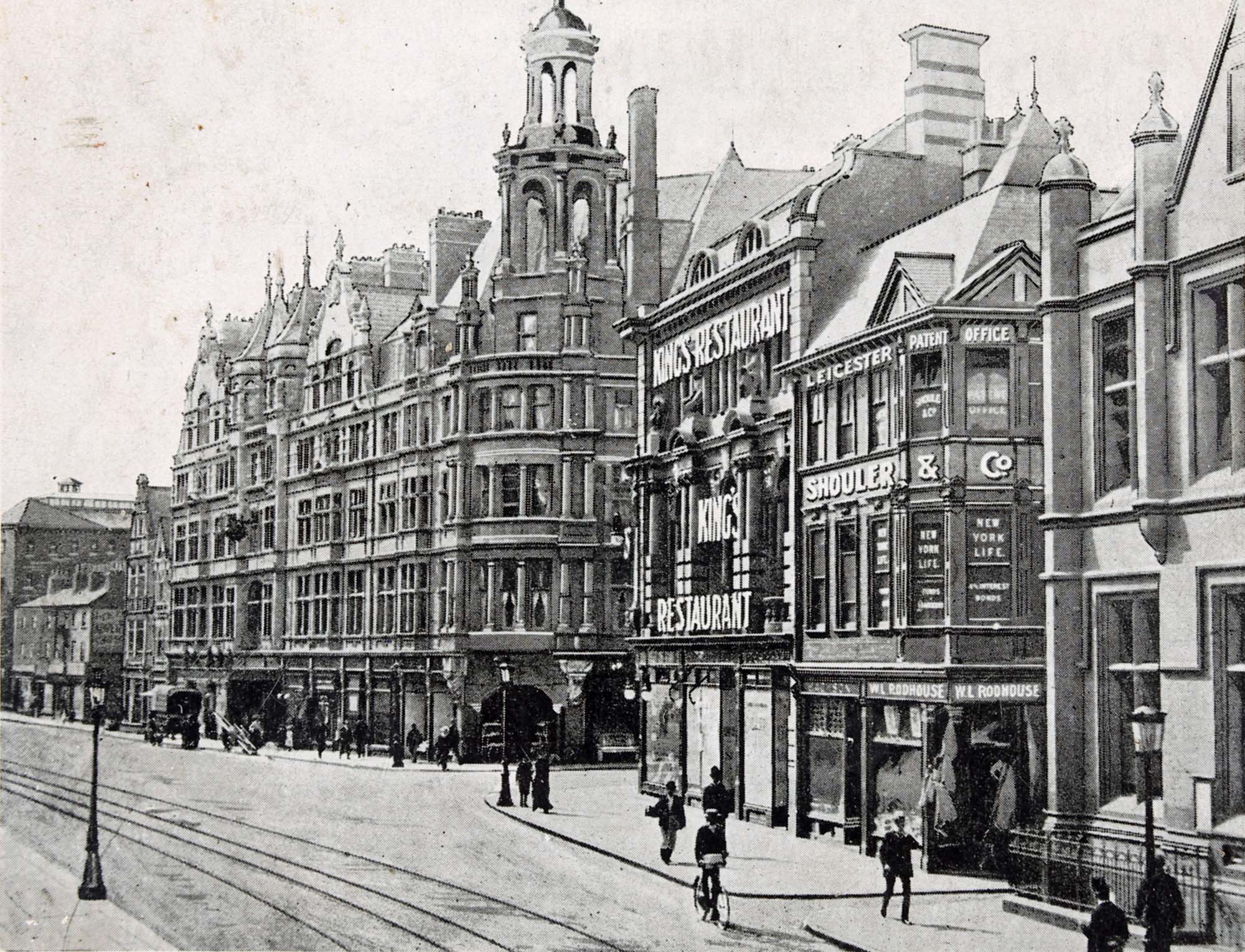 Early stylised photograph of Granby Street showing both the Grand Hotel and the General Newsroom - Leicestershire Record Office