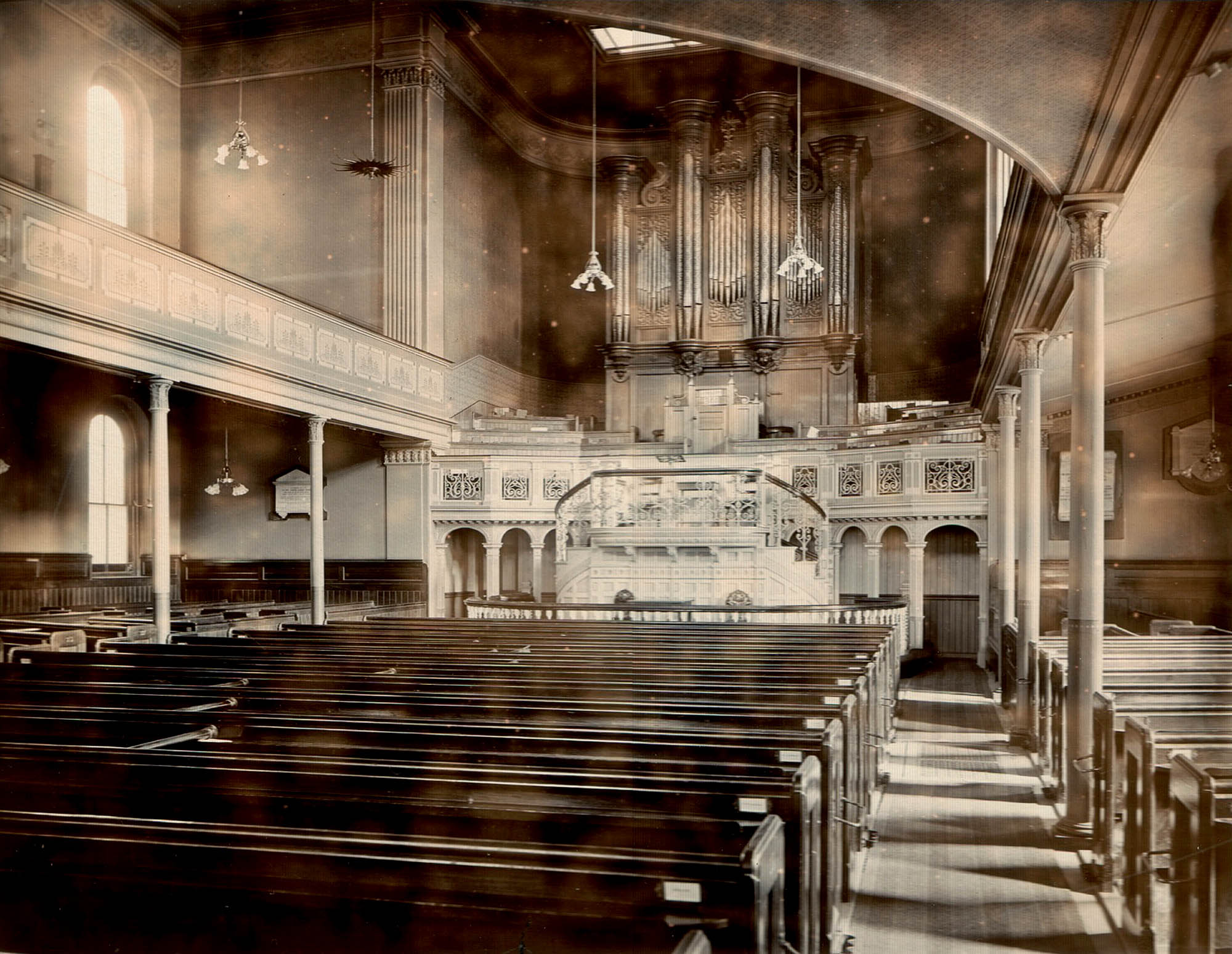 The interior of the chapel before the new ceiling was installed, circa 1890 -