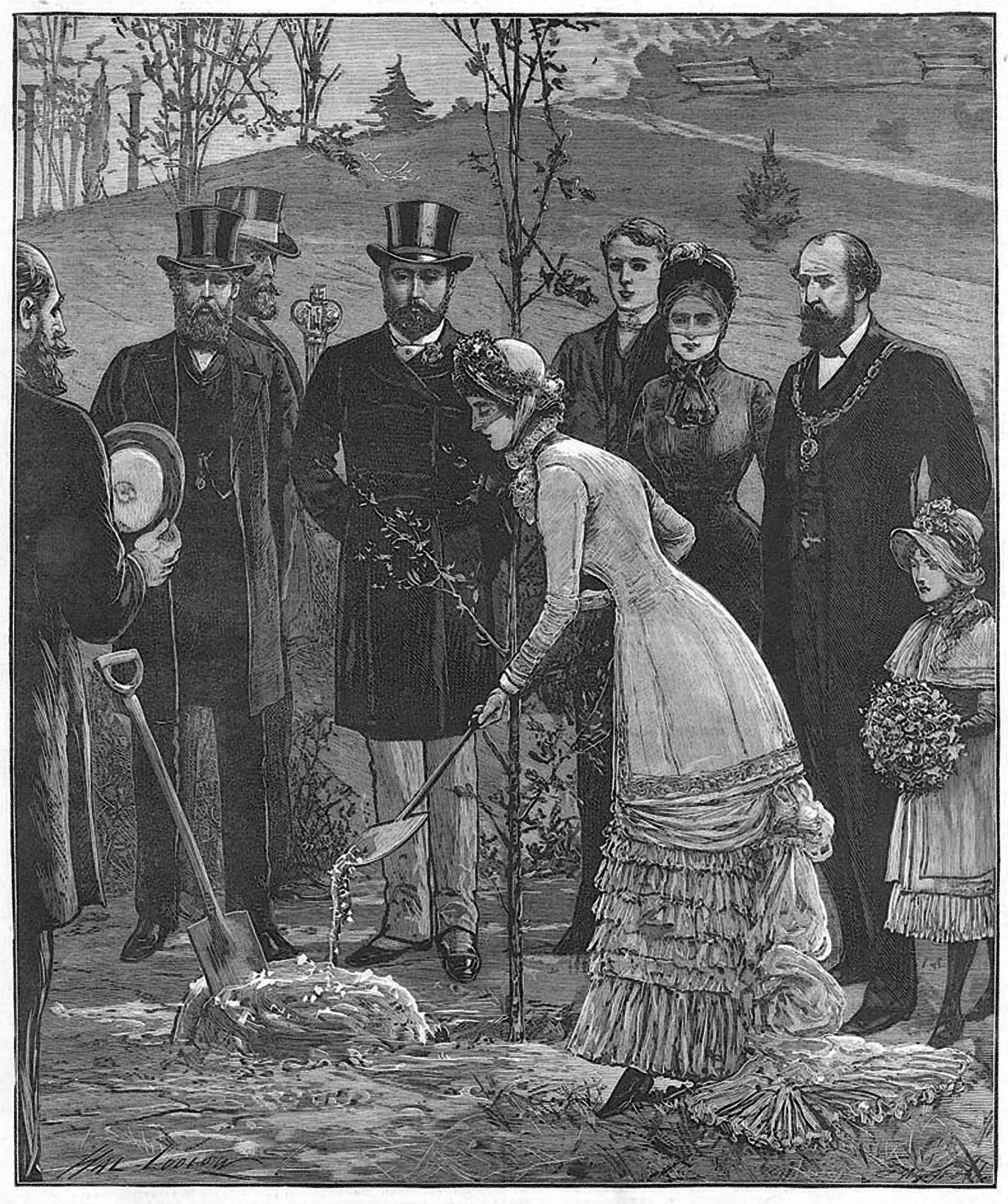 An engraving depicting the planting an oak tree in Abbey Park during the royal visit to Leicester, 1882 - 