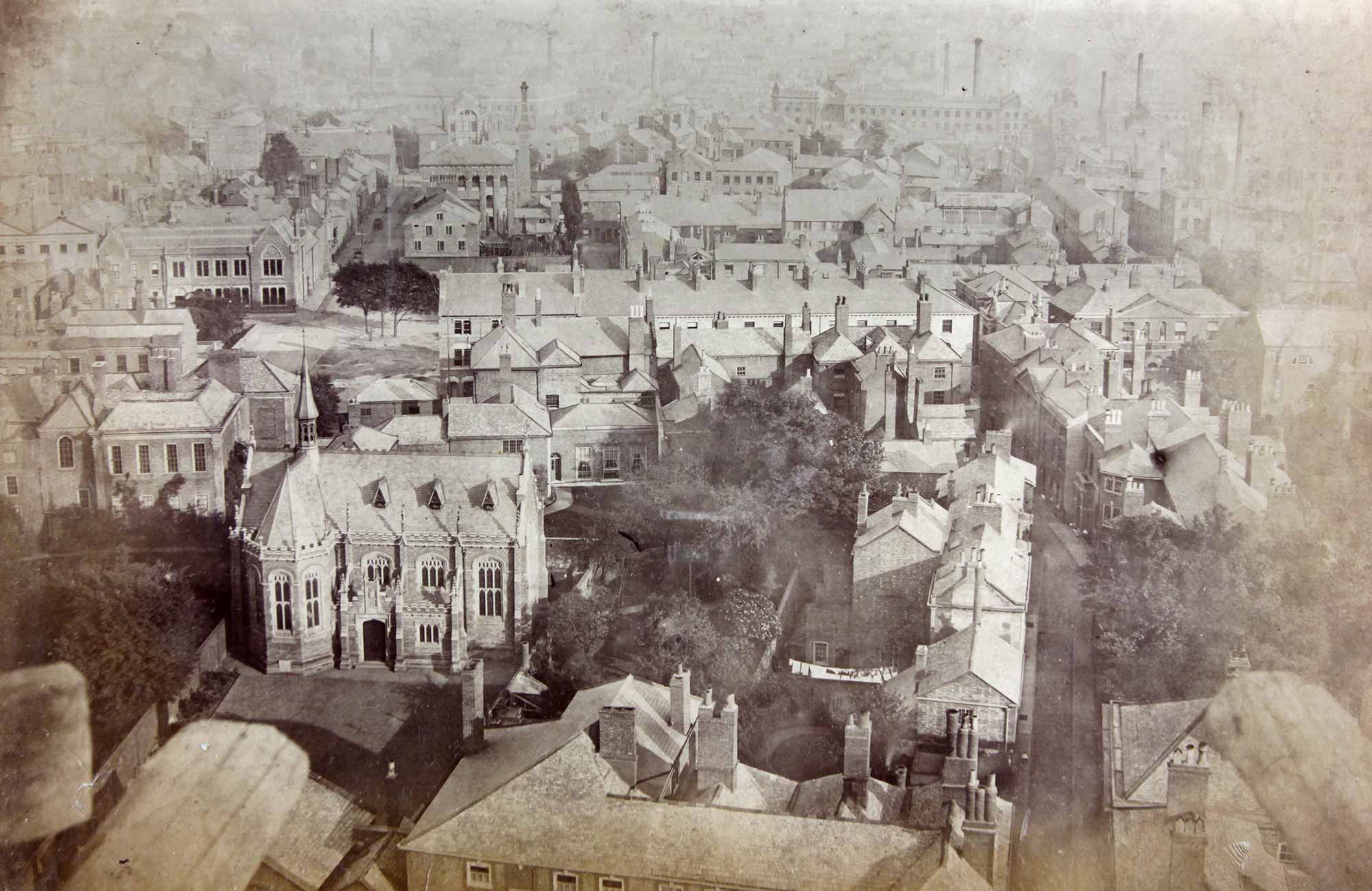 A view across the rear of Friar Lane, taken from the top of the Cathedral spire c.1867 17 Friar Lane is to the middle left with 4 long windows at the back -