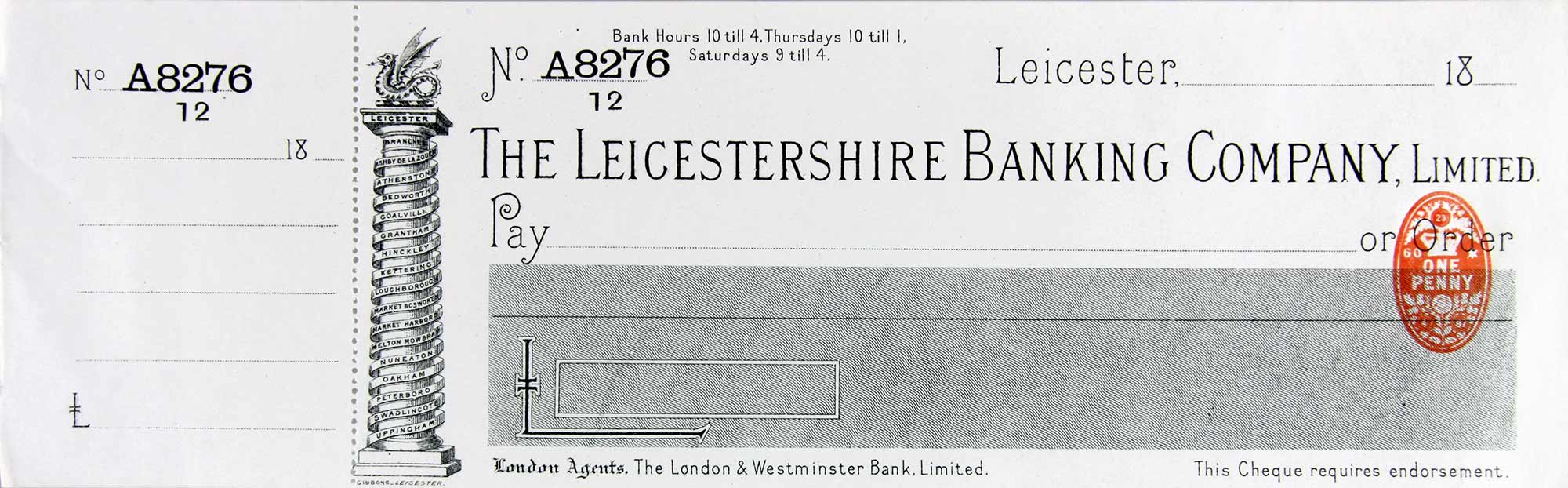 Cheque circa 1870s - Leicester and Leicestershire Record Office