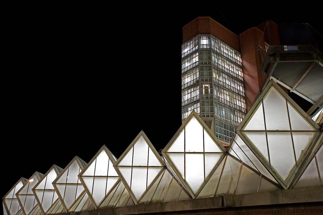 The famous glass roof lit up at night - University of Leicester