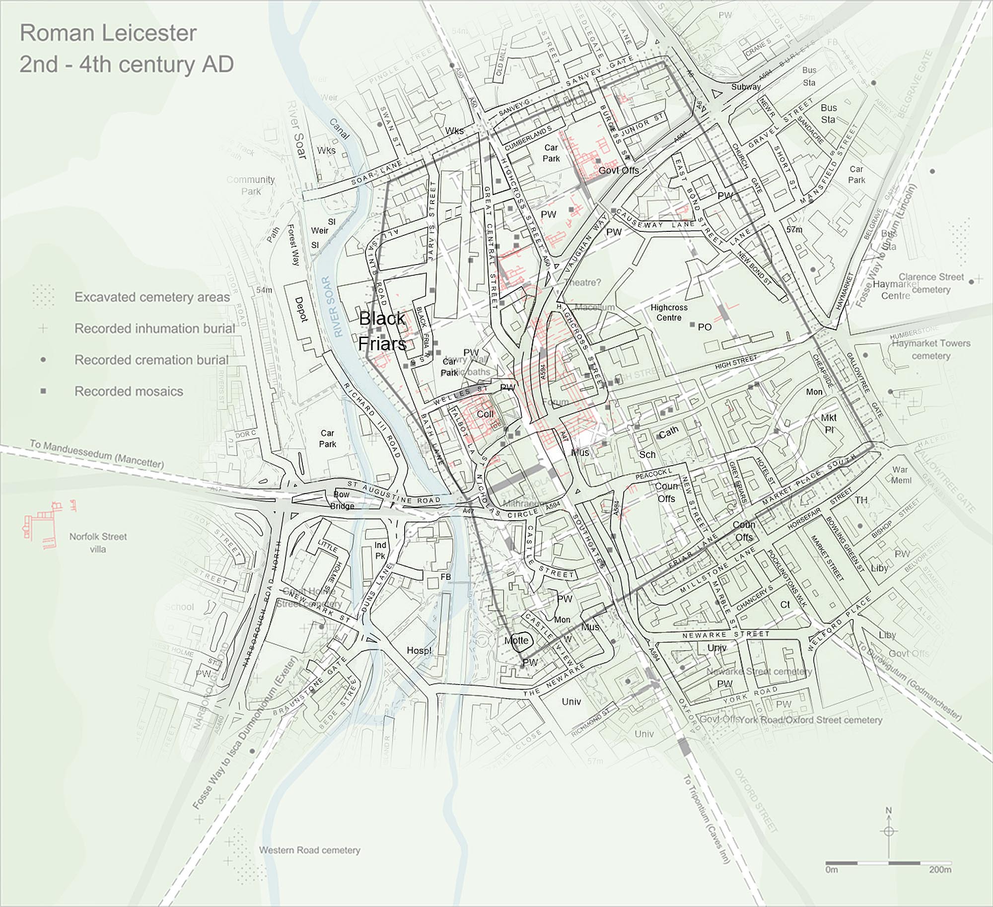 Plan of Roman Leicester with modern road overlay - University of Leicester Archaeological Services