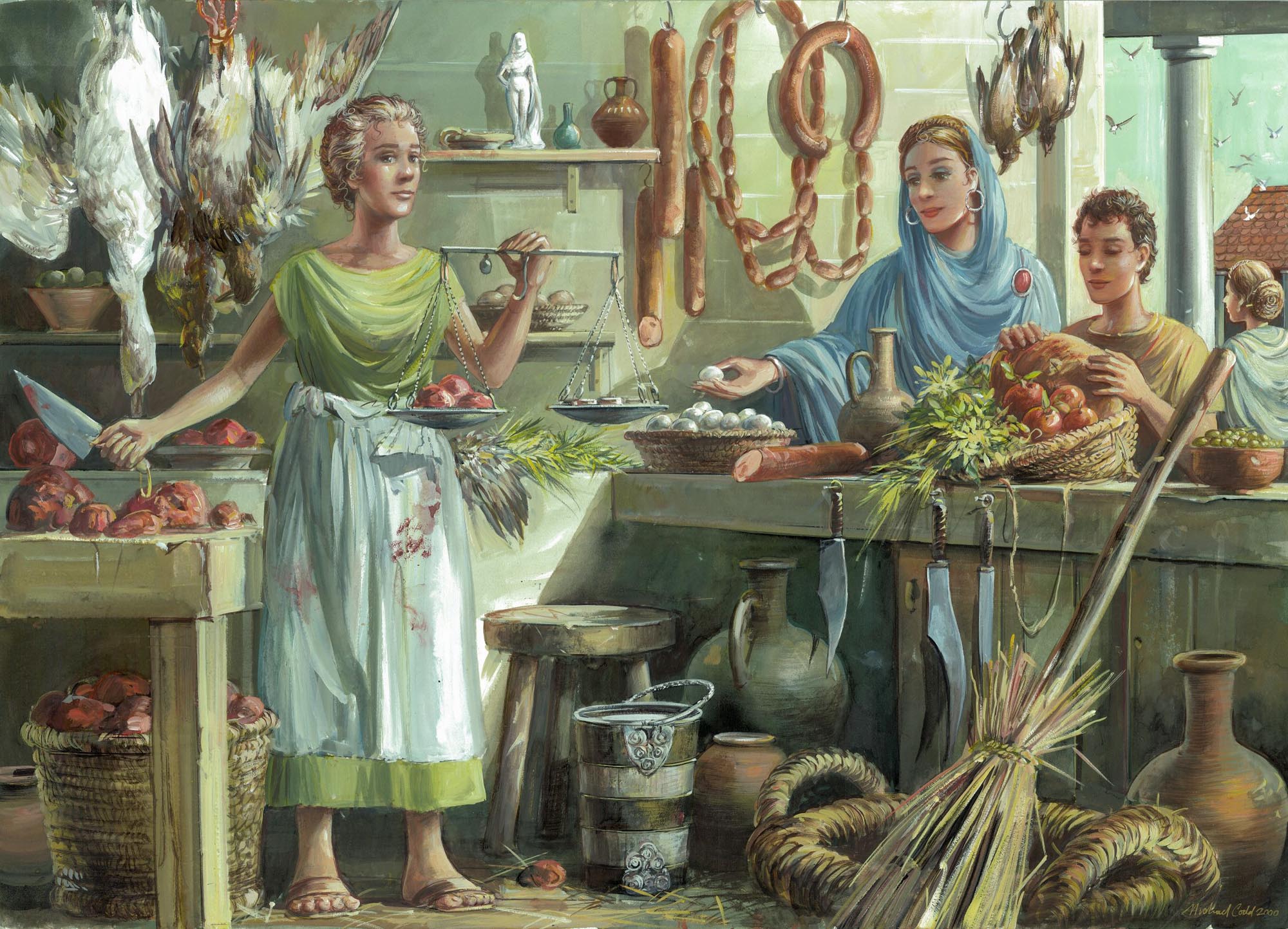 Fresh meat and vegetables on sale in a Roman shop - Mike Codd / Leicester Arts & Museums Service