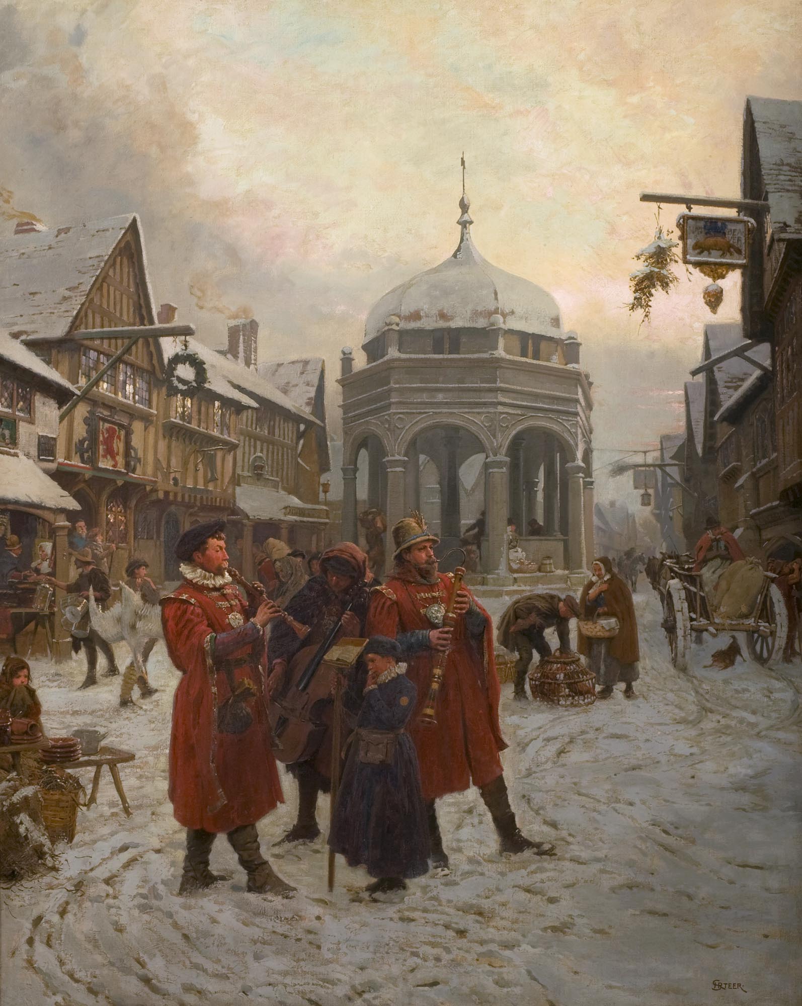 ‘Christmas Eve, Highcross Market, Leicester 16th century’ oil painting, 1900, by Henry Reynolds Steer -