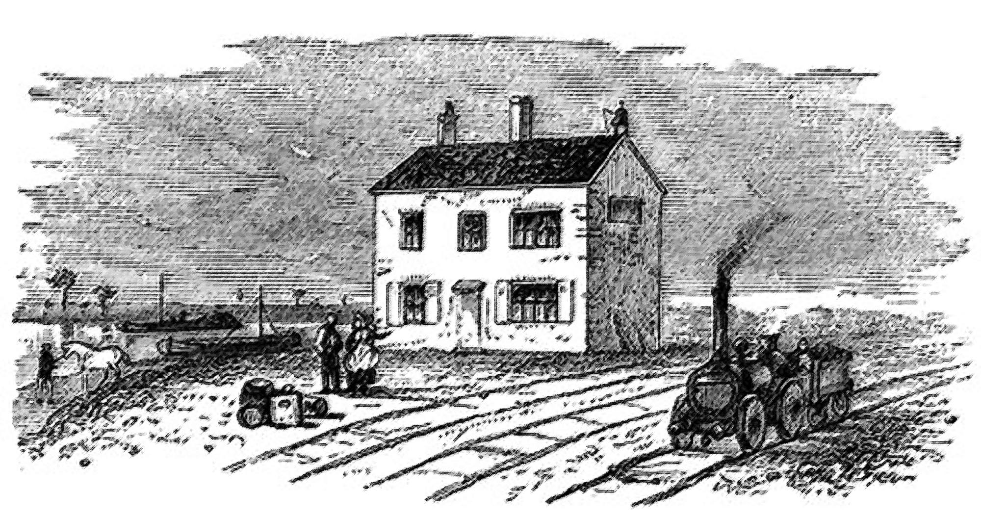 An etching of the first West Bridge Station, before the platform was added - 