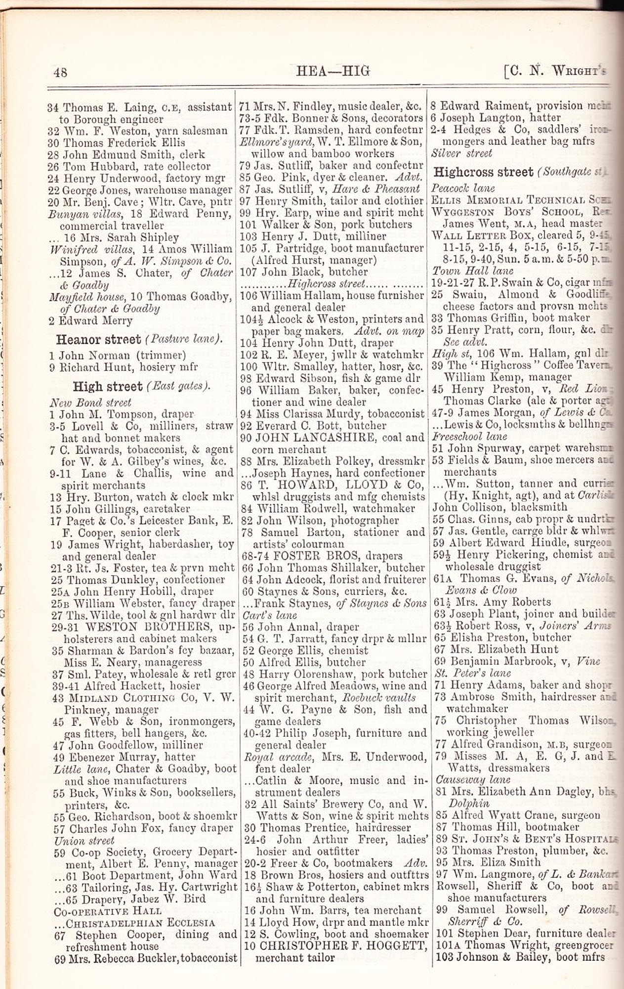 Wrights Directory listing businesses on High Street in 1892 -