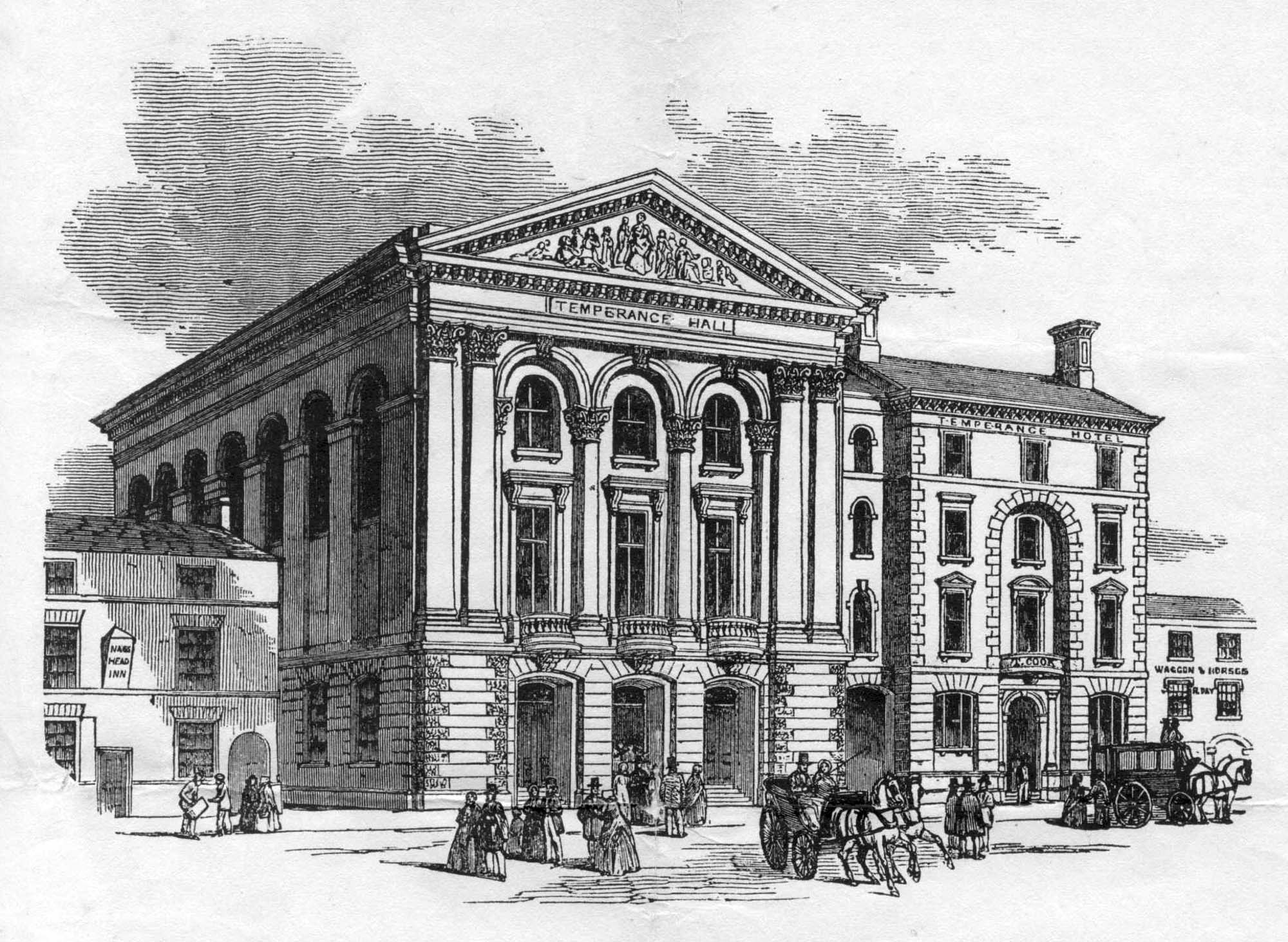 An etching of the Temperance Hotel and Hall - Thomas Cook Archives