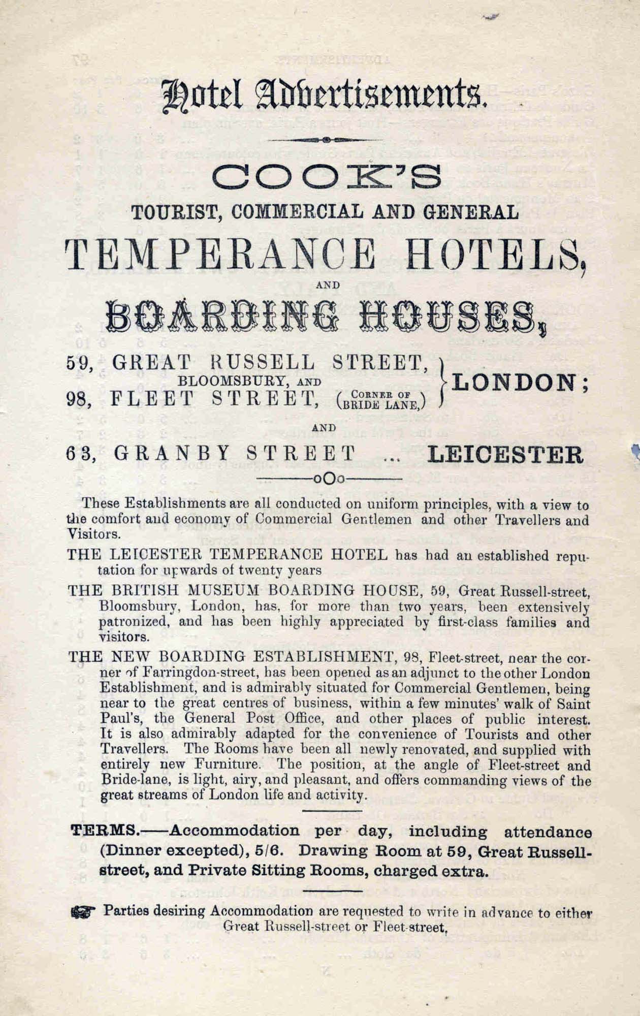 An advertisement for Cook’s Temperance Hotel - Thomas Cook Archives