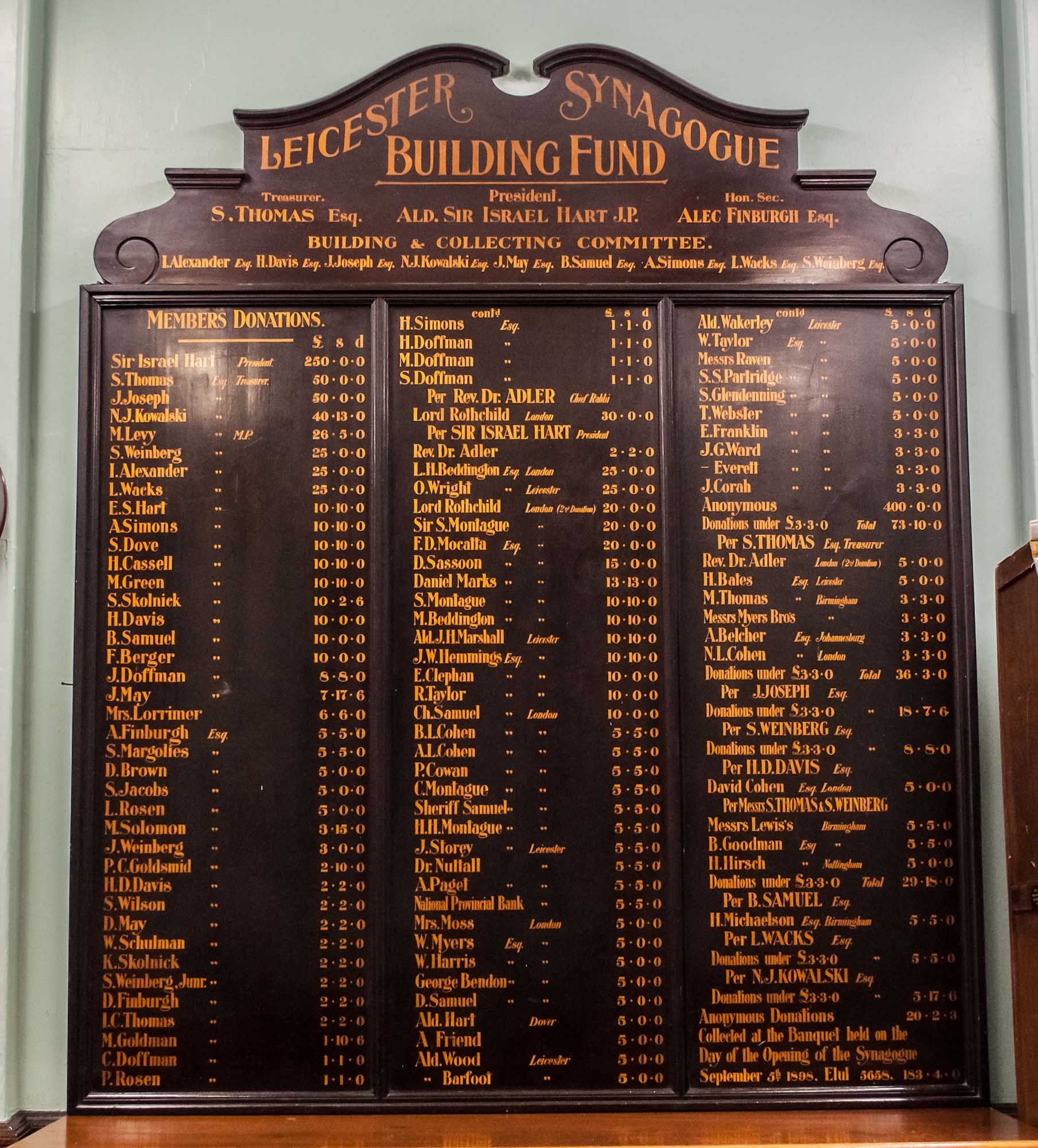 A plaque listing the contributors to the building fund -
