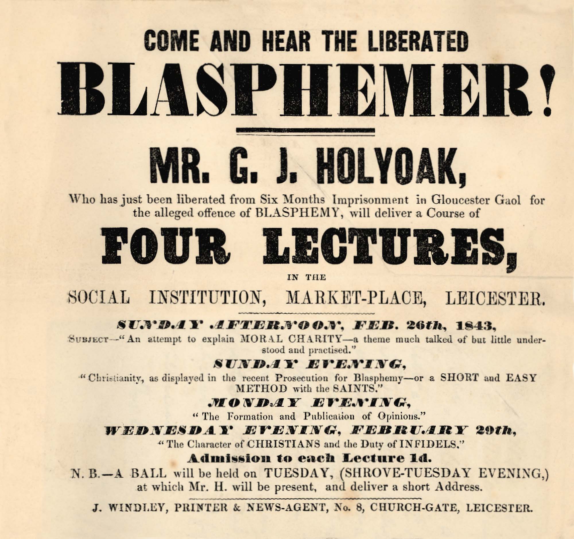 Advert for a talk by Mr. G.J. Holyoak, who was imprisoned for blasphemy -