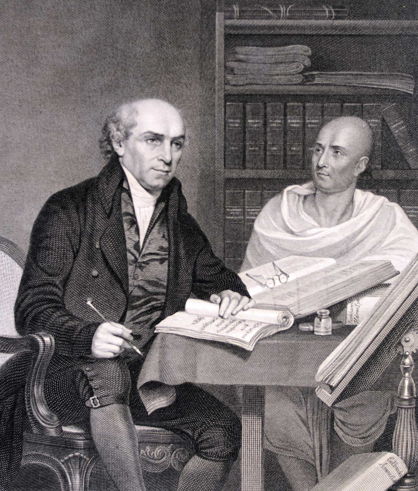 A print showing William Carey with his Indian translator at The College of Fort William, Calcutta, 1813 - 