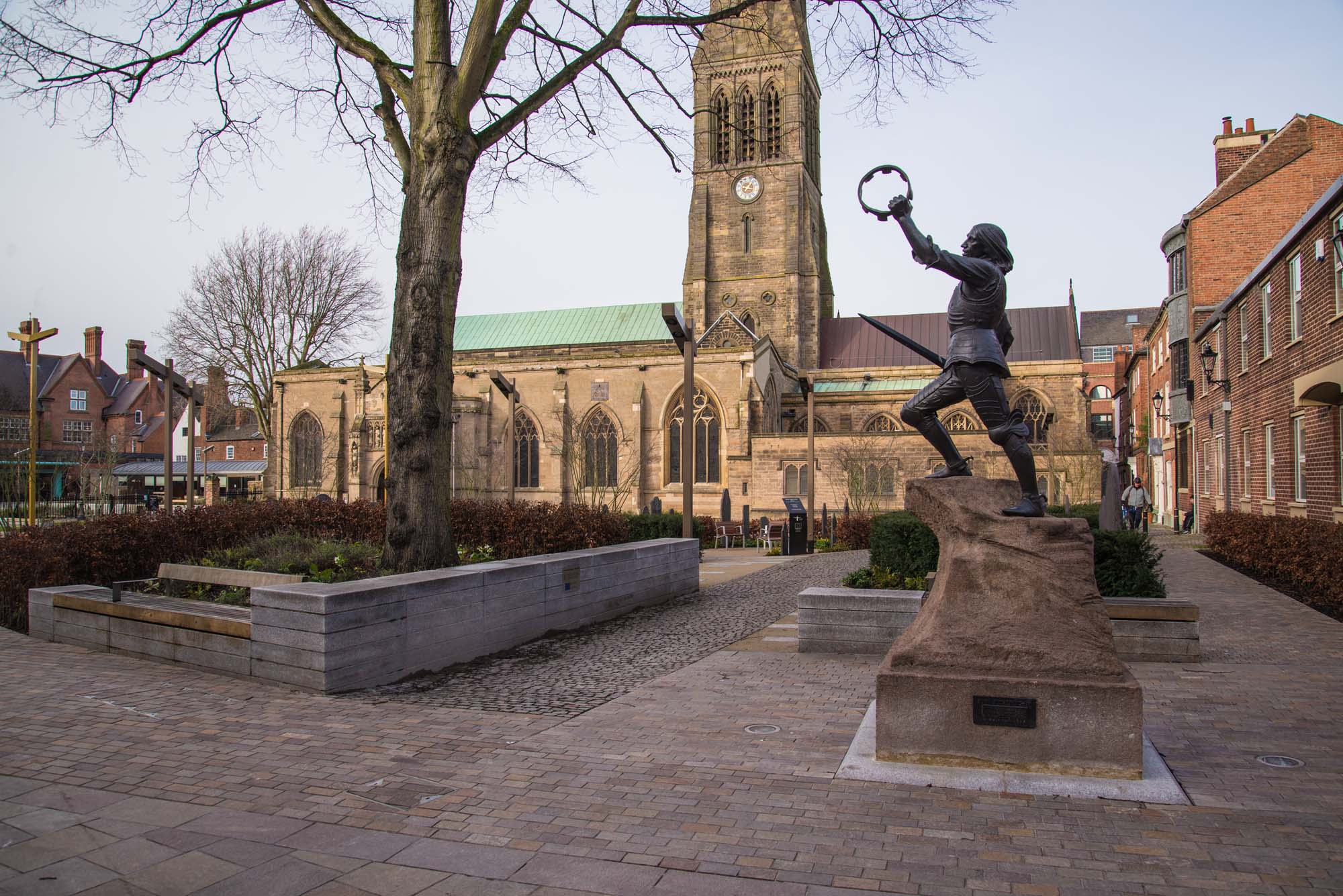 Leicester Cathedral and the King Richard III statue in Cathedral Gardens - 