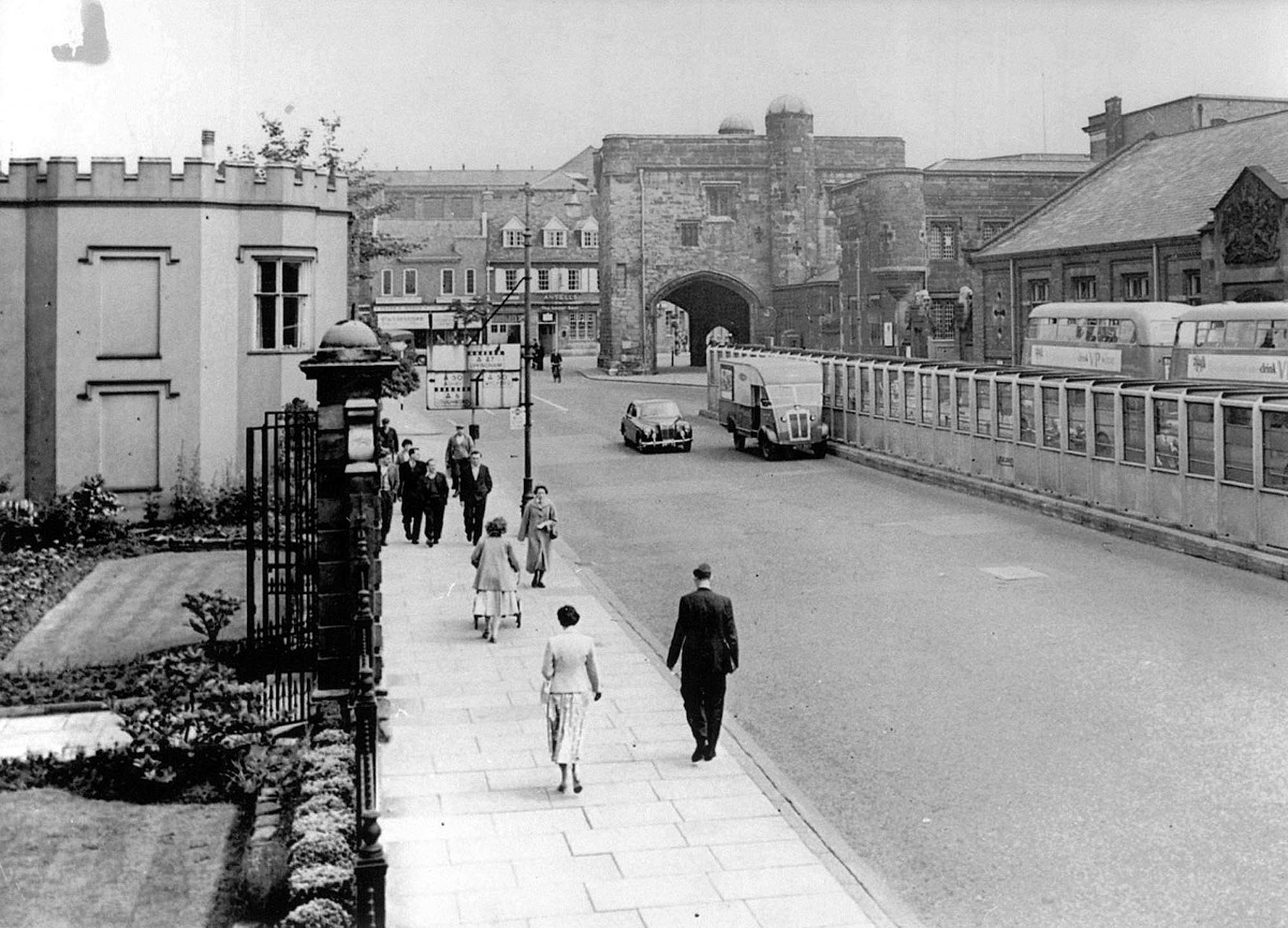 The Newarke looking towards The Magazine before 1963, when the militia barracks on the right were demolished - Leicestershire Record Office
