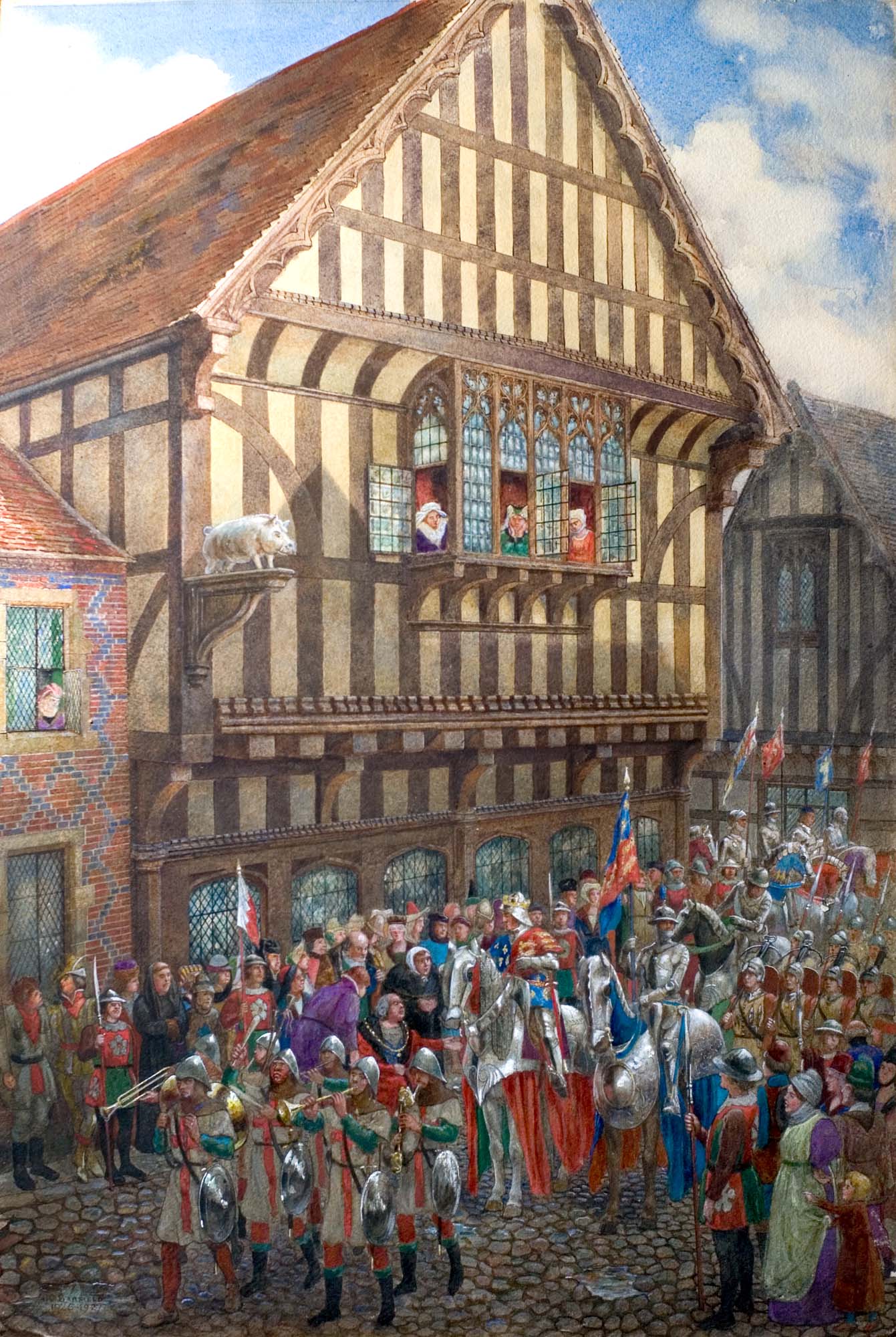‘King Richard III leaving the Blue Boar Inn’ Thomas Charles Barfield, Watercolour, 1926 - From the collections of Leicester Museums