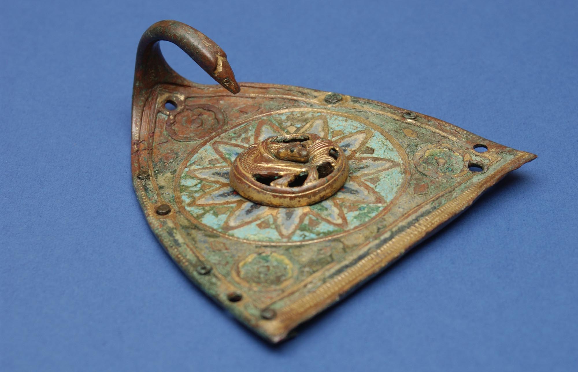 The hinged lid of a 13th-century Limoges enamel incense-boat, found in the sacristy at Leicester Abbey in 1930 -