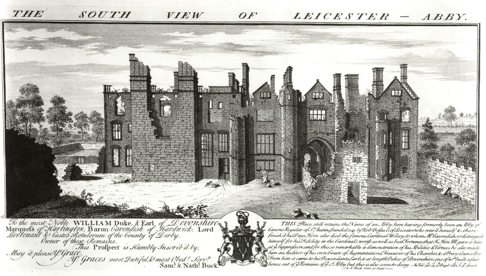 ‘The south view of Leicester Abby’ by Samuel and Nathaniel Buck, 1730 -