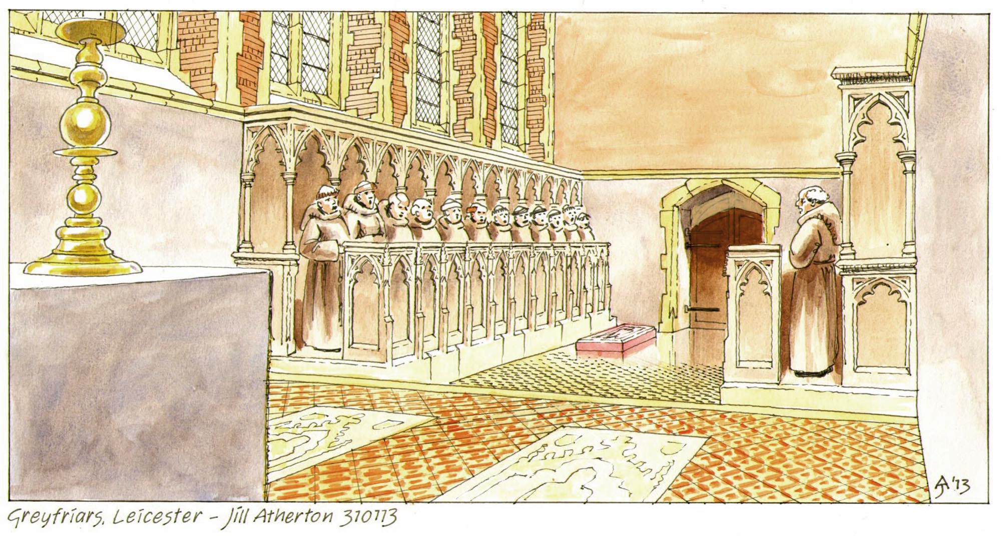 An artist’s reconstruction of the choir of the Grey Friars church looking west, showing the arrangement of the choir and presbytery and the alabaster slab laid over the burial place of Richard III - Jill Atherton / University of Leicester Archaeological Services