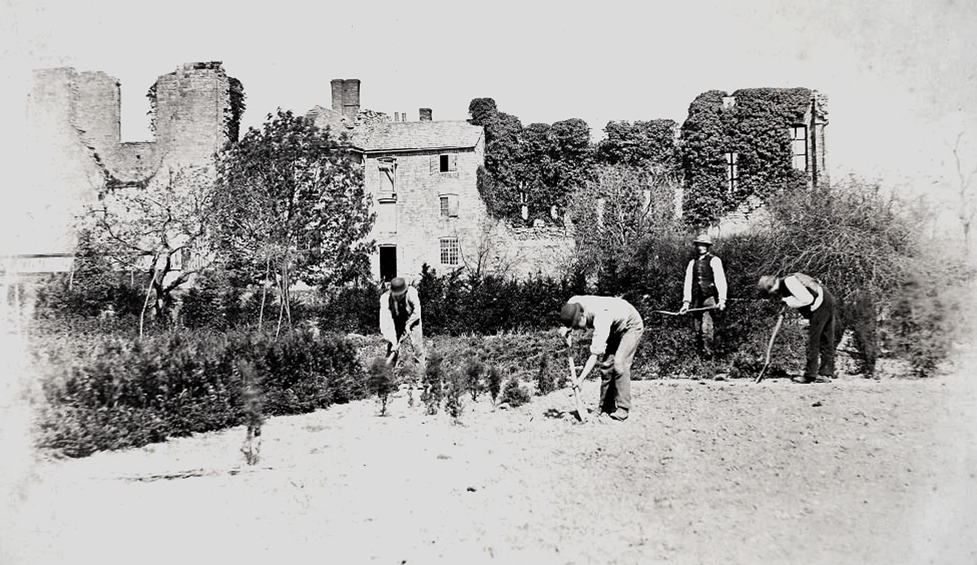 Gardeners working near the Cavendish House Ruins in Abbey Park, circa 1900. This section of the park was a plant nursery until the 1930s - 