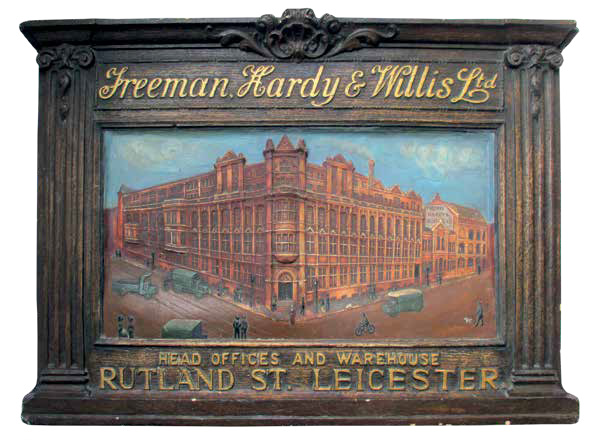 Sign c1920s showing the Freeman, Hardy and Willis building - Leicester Arts & Museum Service