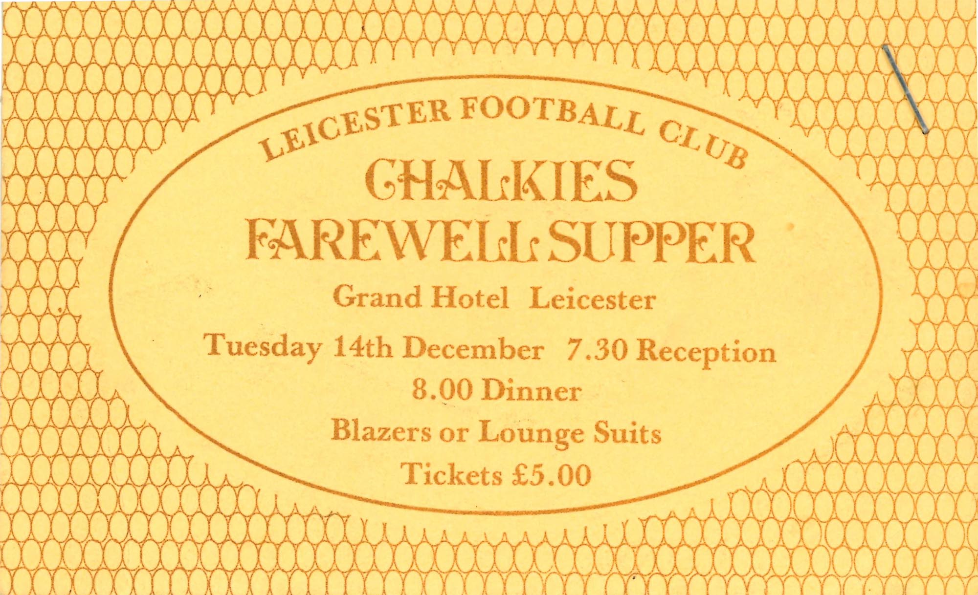 Chalkie's Farewell Supper Ticket - Record Office for Leicestershire, Leicester and Rutland