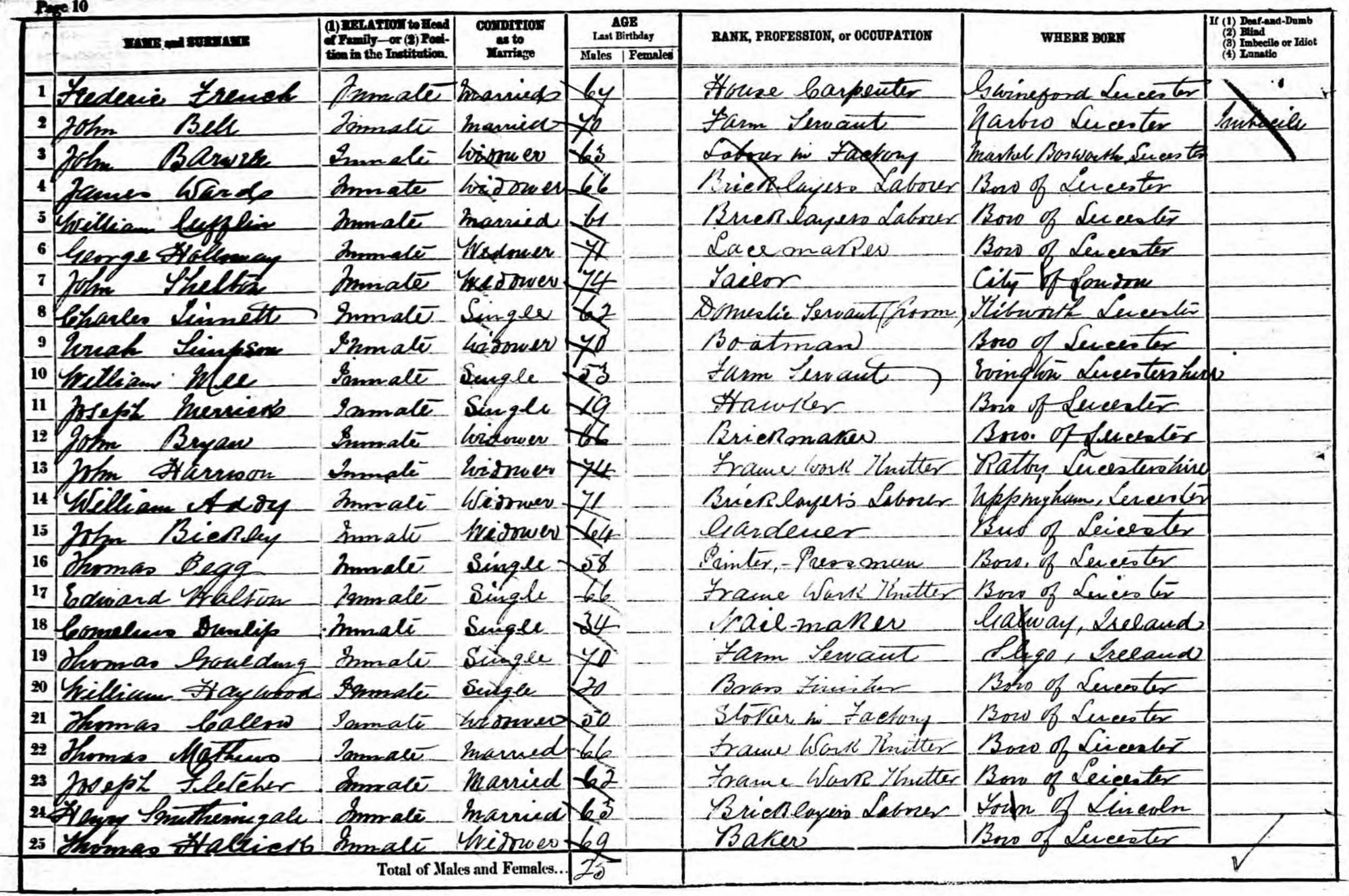 1881 Census listing of Joseph Merrick (Row 11) - 
