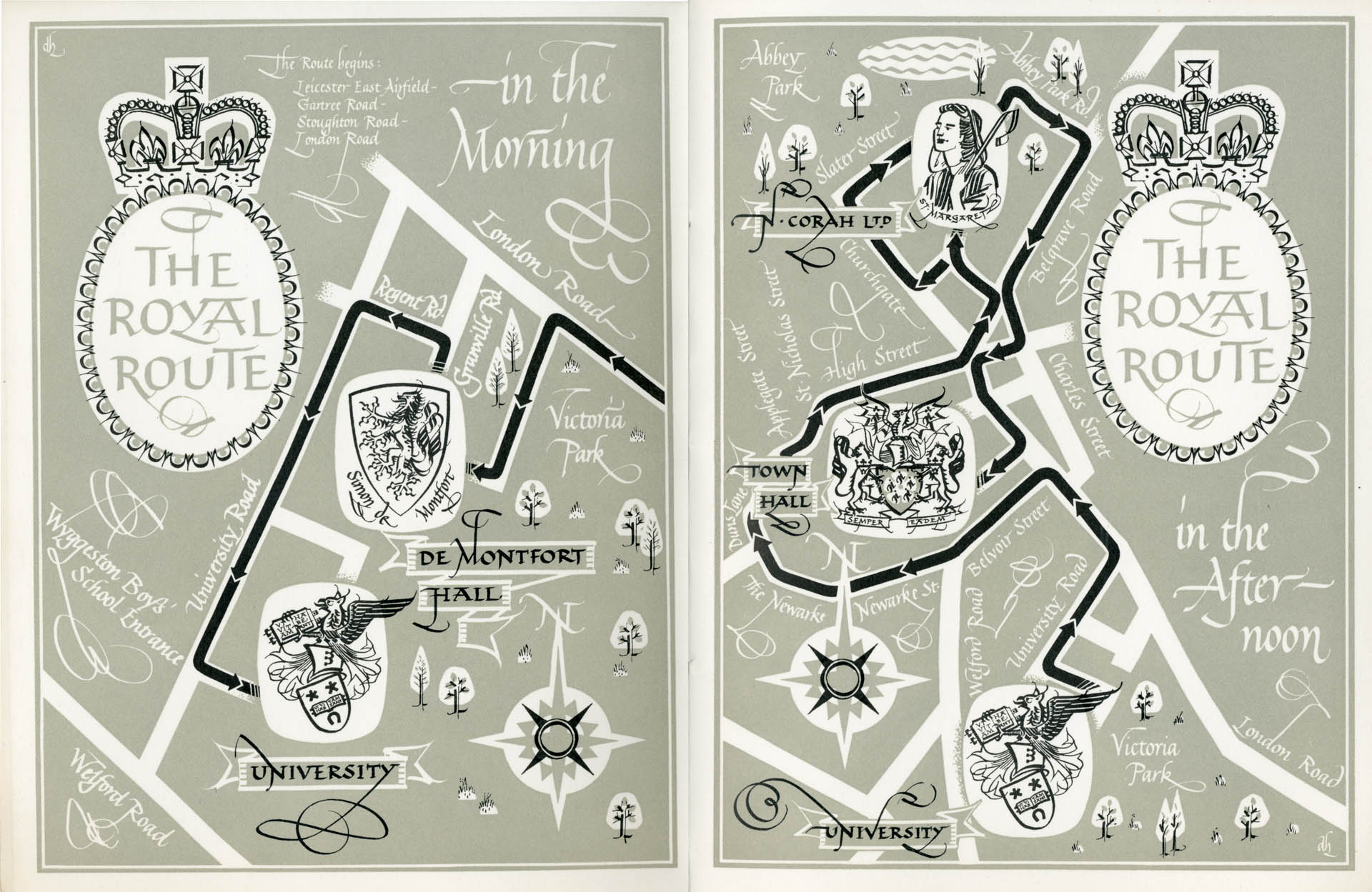 A souvenir map showing the ‘Royal Route’ around Leicester, 1958 -