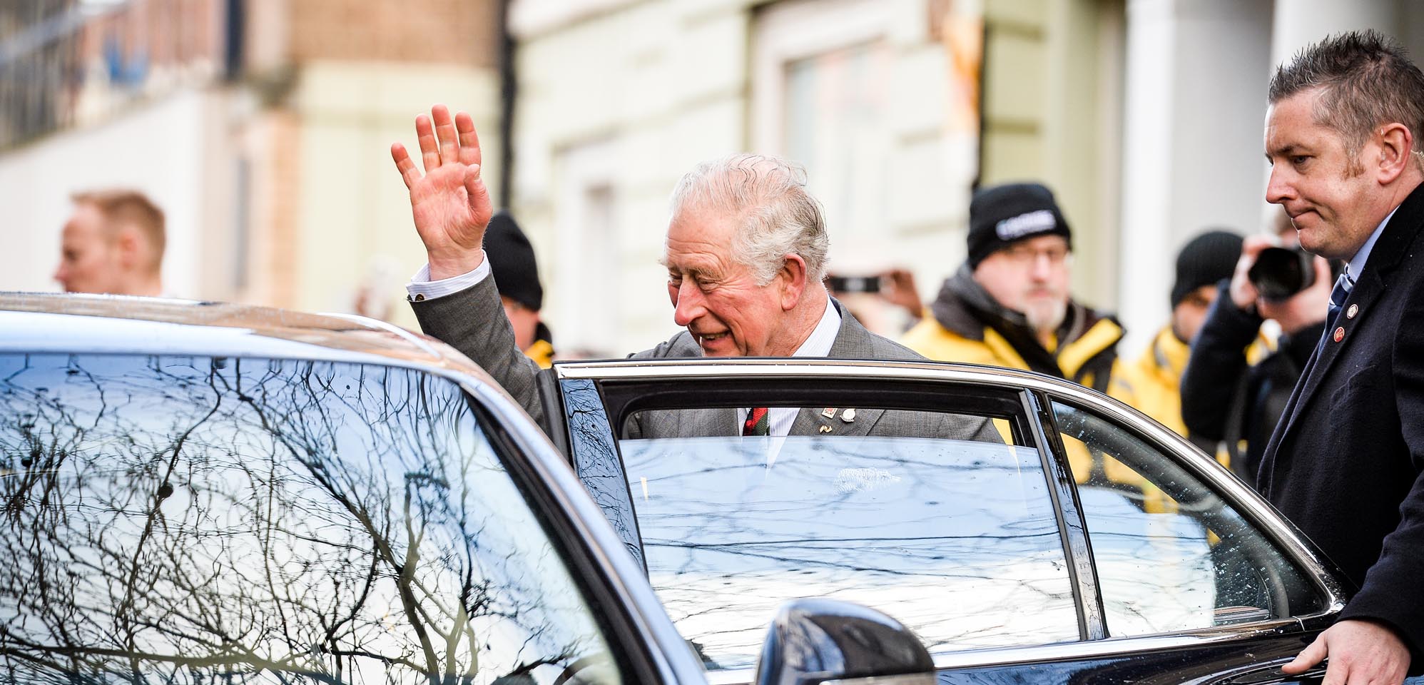 Prince Charles waves goodbye to crowds in Leicester, 2020 -