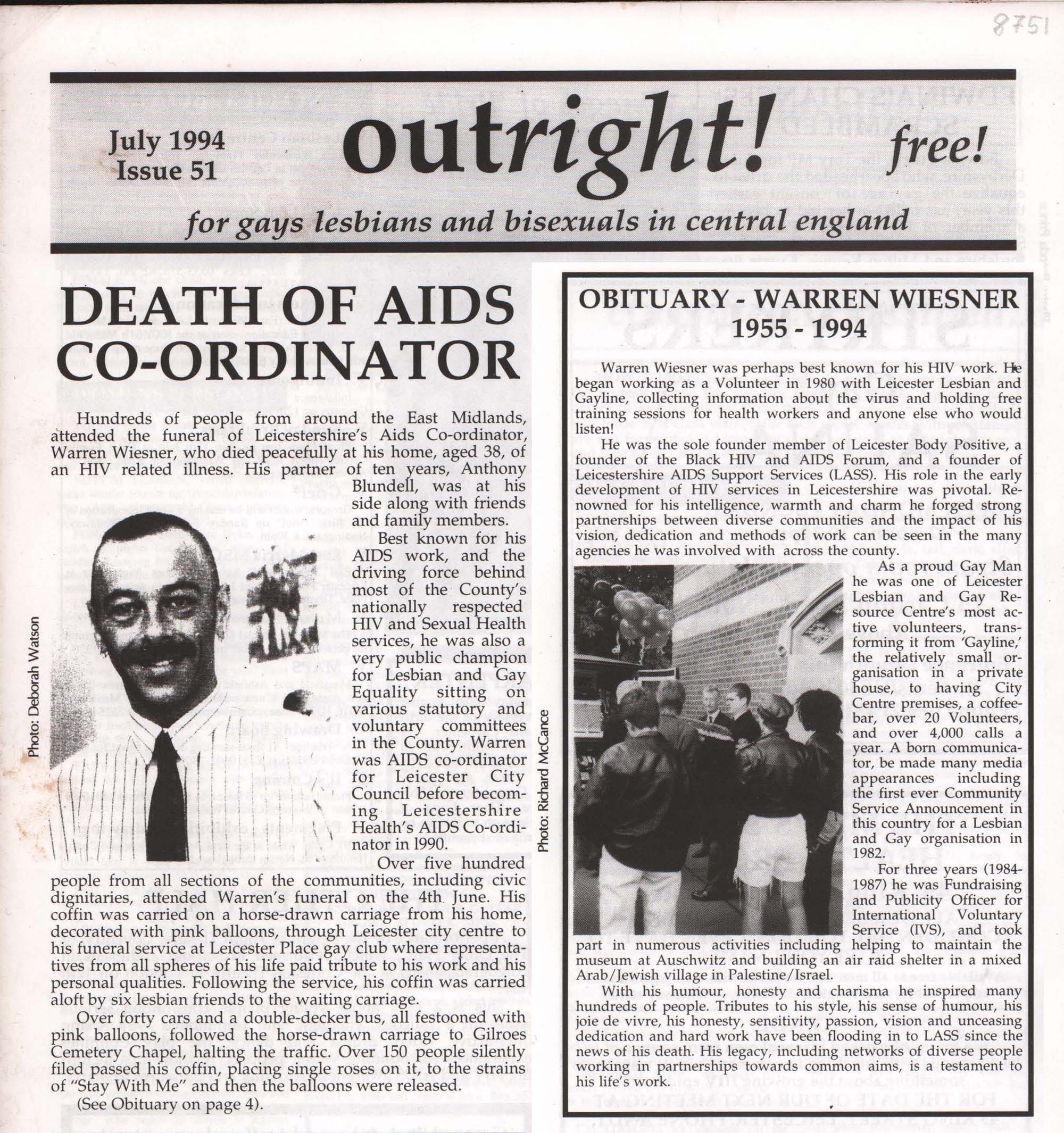 News article about the death of Warren Wiesner - "Outright!”, Issue 51, July 1994
