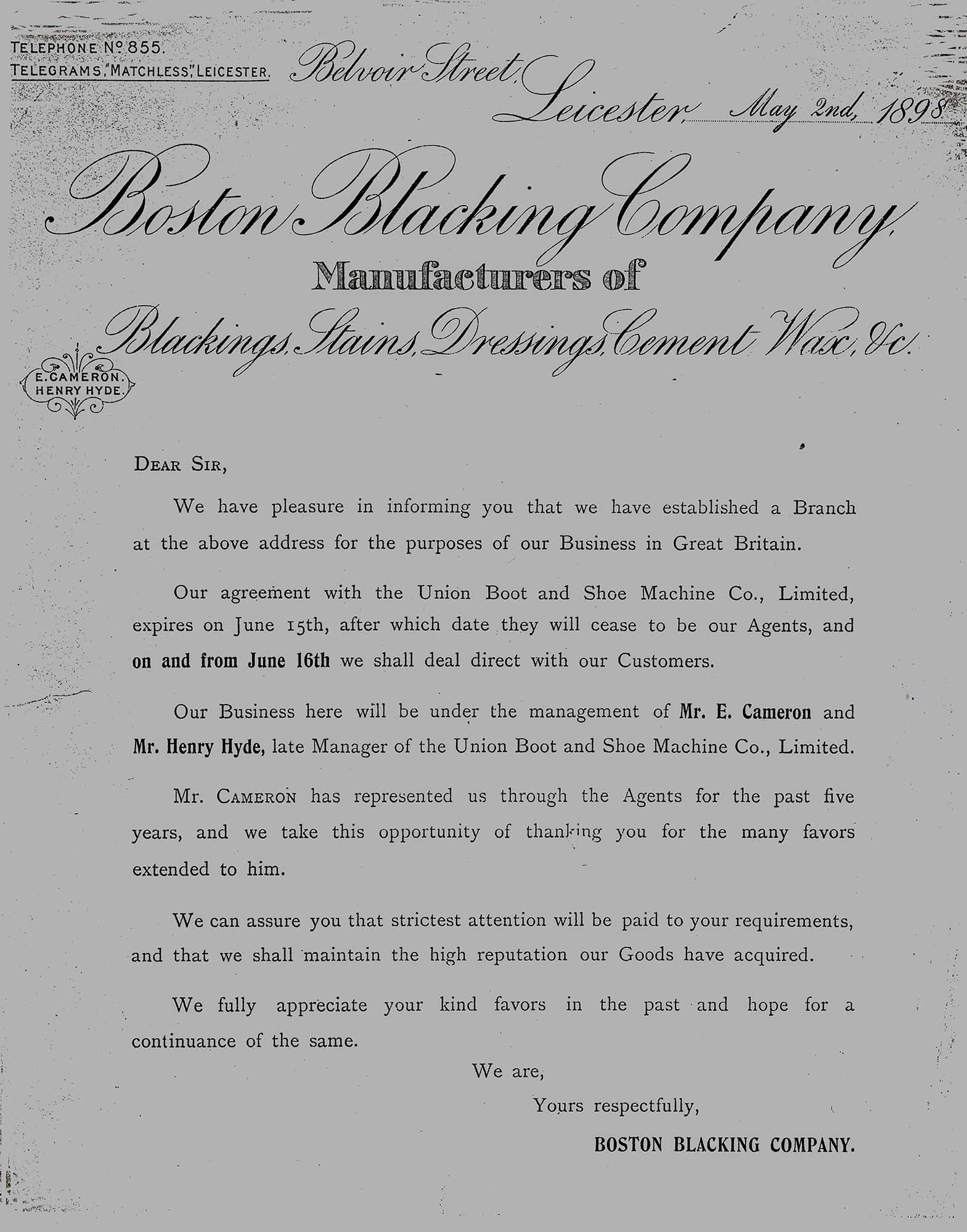 Boston Blacking Company letter from 1898 -