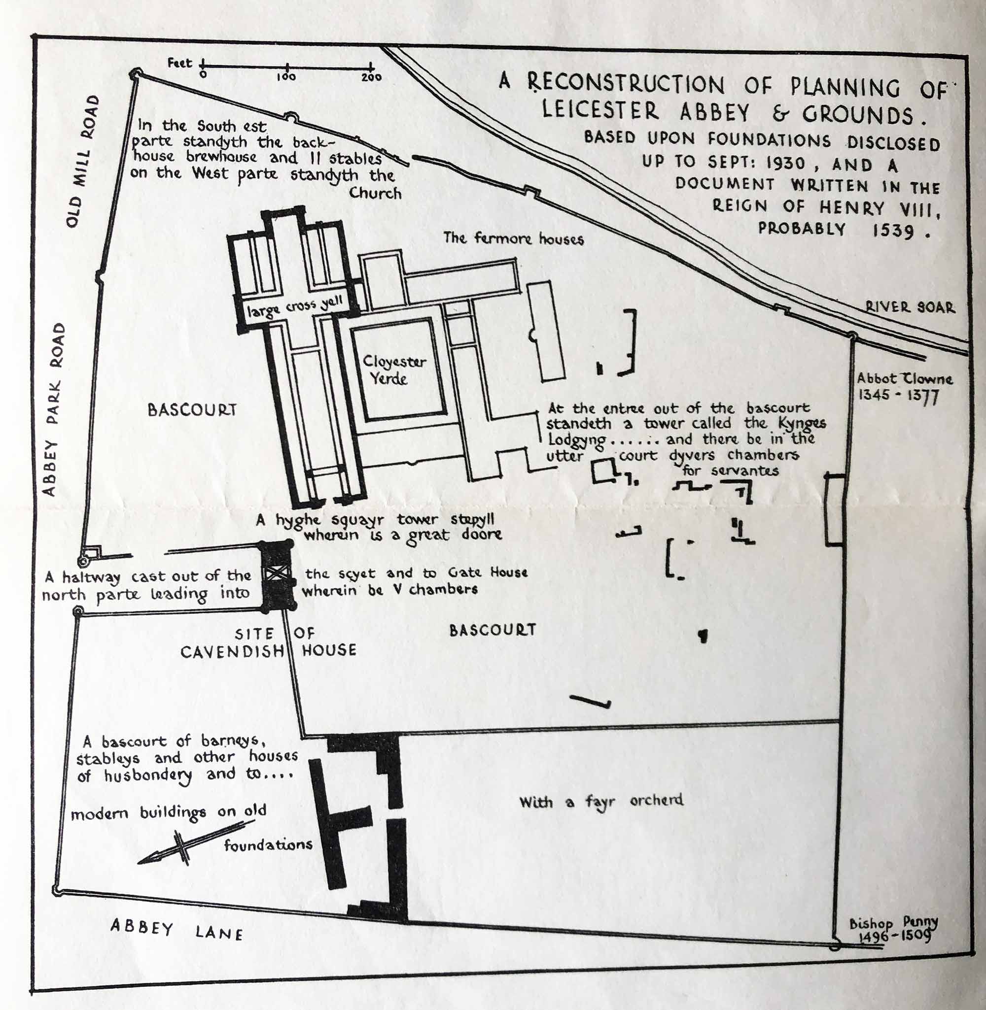 Abbey boundary walls plan from Leicester Abbey – History and Description, Levi Fox, 1949. - City of Leicester Publicity Unit