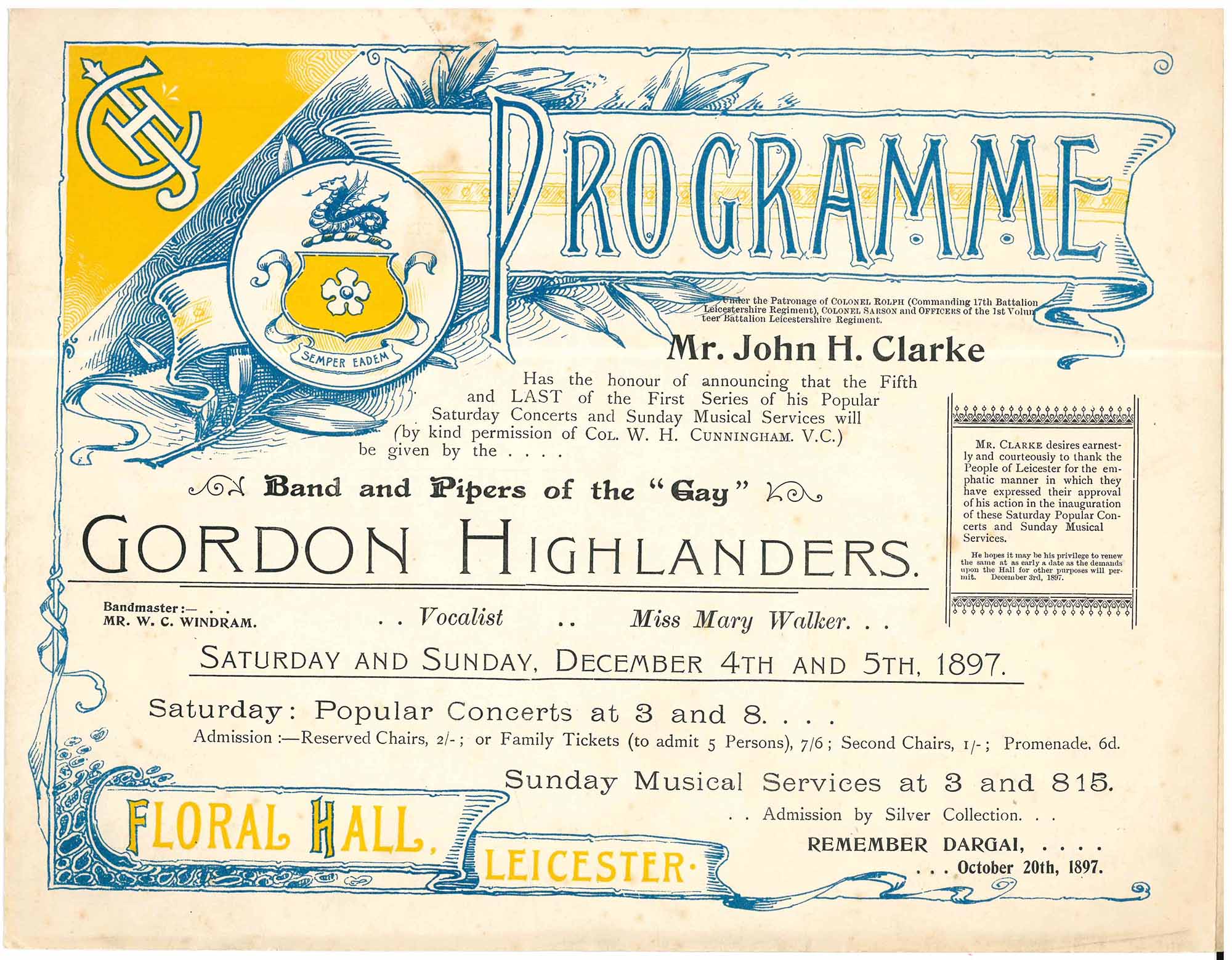 Programme for a performance  at the Floral Hall, 1897 - Record Office for Leicestershire, Leicester and Rutland